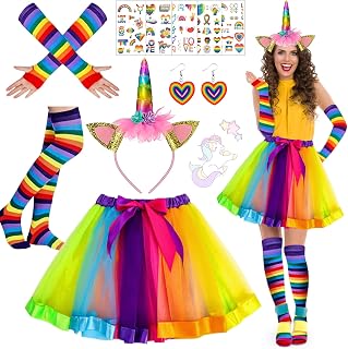 6er Regenbogen Kostüm Damen, Einhorn kostüm erwachsene,Tüllrock Regenbogen Damen, Einhorn Horn Stirnband, Kniestrümpfe Streifen,Ohrringe,Aufkleber und Lange Handschuhe,für Karnevalspartys Mottoparty