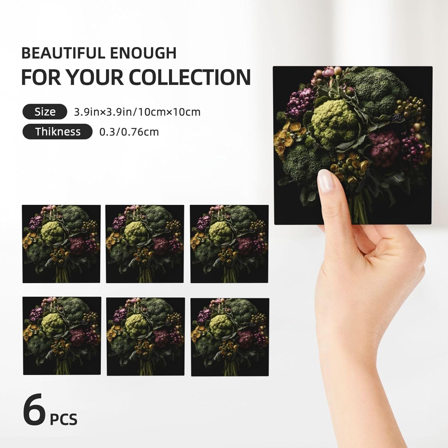 (Broccoli Bouquet) Ceramic Coasters Set of 6 with Holder Non-Slip Square Coffee Coasters for for Cup Mug Drink Patio Coffee Table Decor, Christmas Coasters Home Bar Supplies