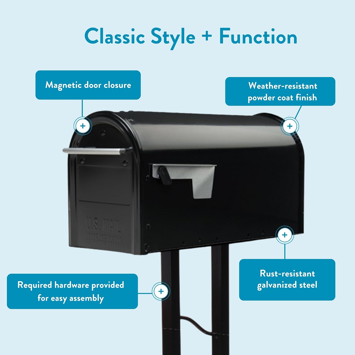 Architectural Mailboxes Franklin™ Weather-Resistant Steel Metal Mail Box for Outside with Post, Black, Medium Curbside Mailbox, USPS Approved for Residential Delivery
