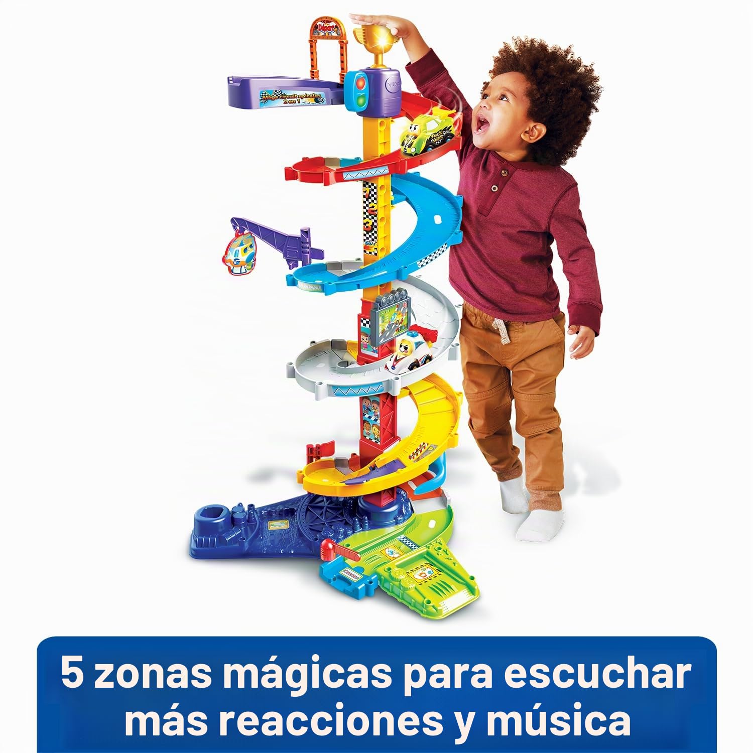 VTech Tut Tut Bolides, Mega Circuito Espirales 2 en 1 con Coche Titouan Loco del Volante, Circuito de Coches Infantiles, 5 Zonas Mágicas, Regalo para Niños y Niñas de 1 año a 5 años - Contenido en