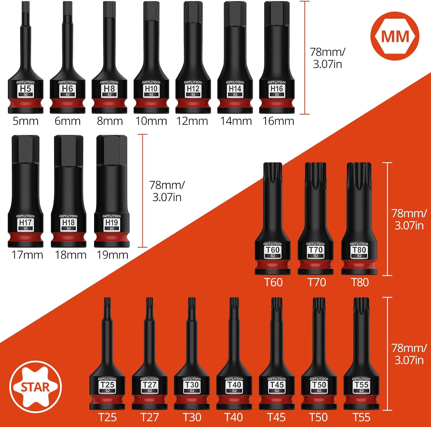 GETLITOOL 20Pcs Impact Allen Bit Socket Set, 1/2" Drive S2 Steel Hex & Torx Bit Sockets with Size-marked and Storage Case for Car Repair, Mechanical Maintenance, 5mm-19mm & T20-T80, Tools for Men
