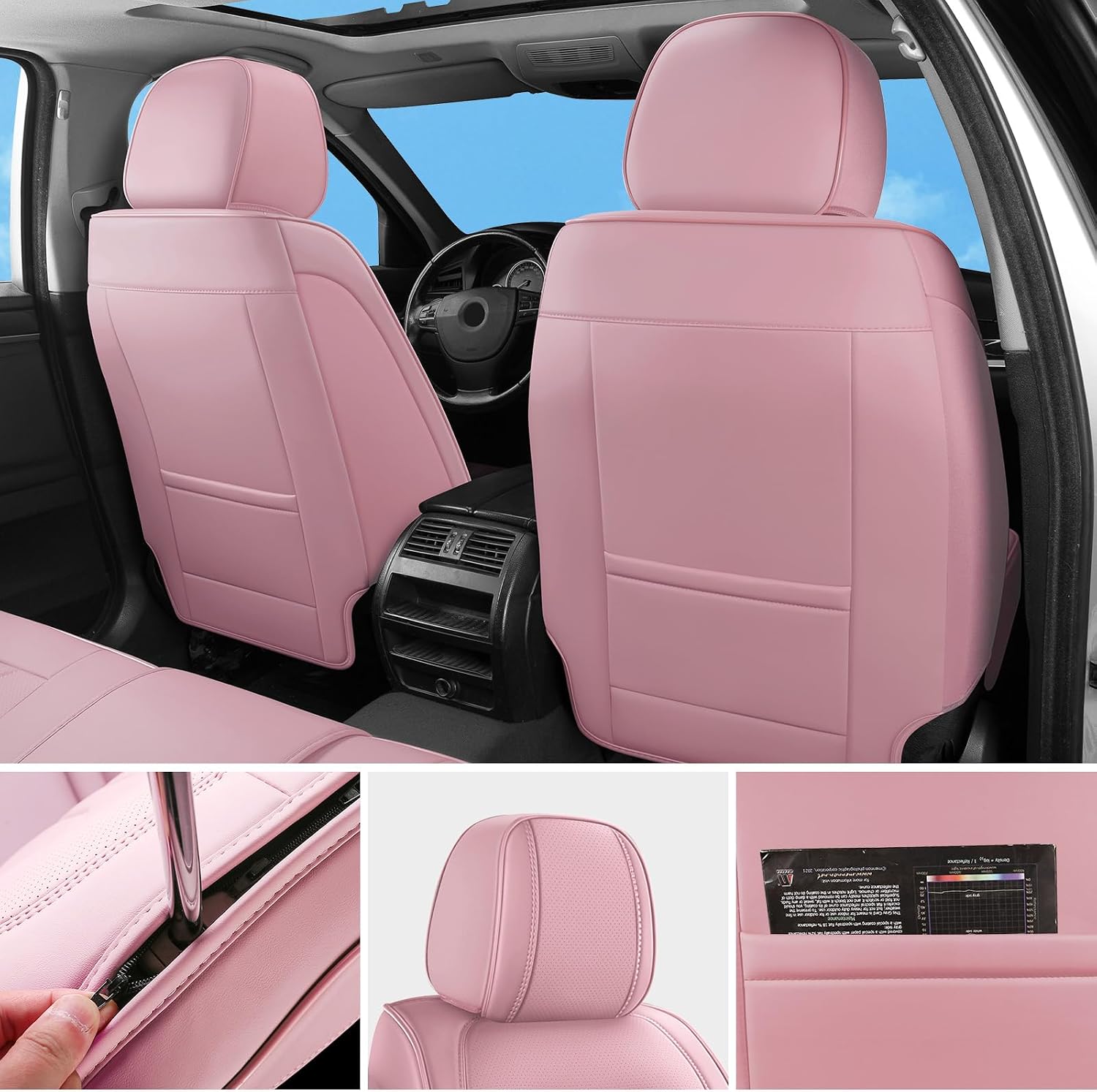 Car Seat Covers Full Set,5 Seat Leather Seat Covers for Cars,Pink Front Seats and Back Seat Cover,Waterproof Car Seat Cushion Protectors,Universal Fit for Most Cars SUV Trucks