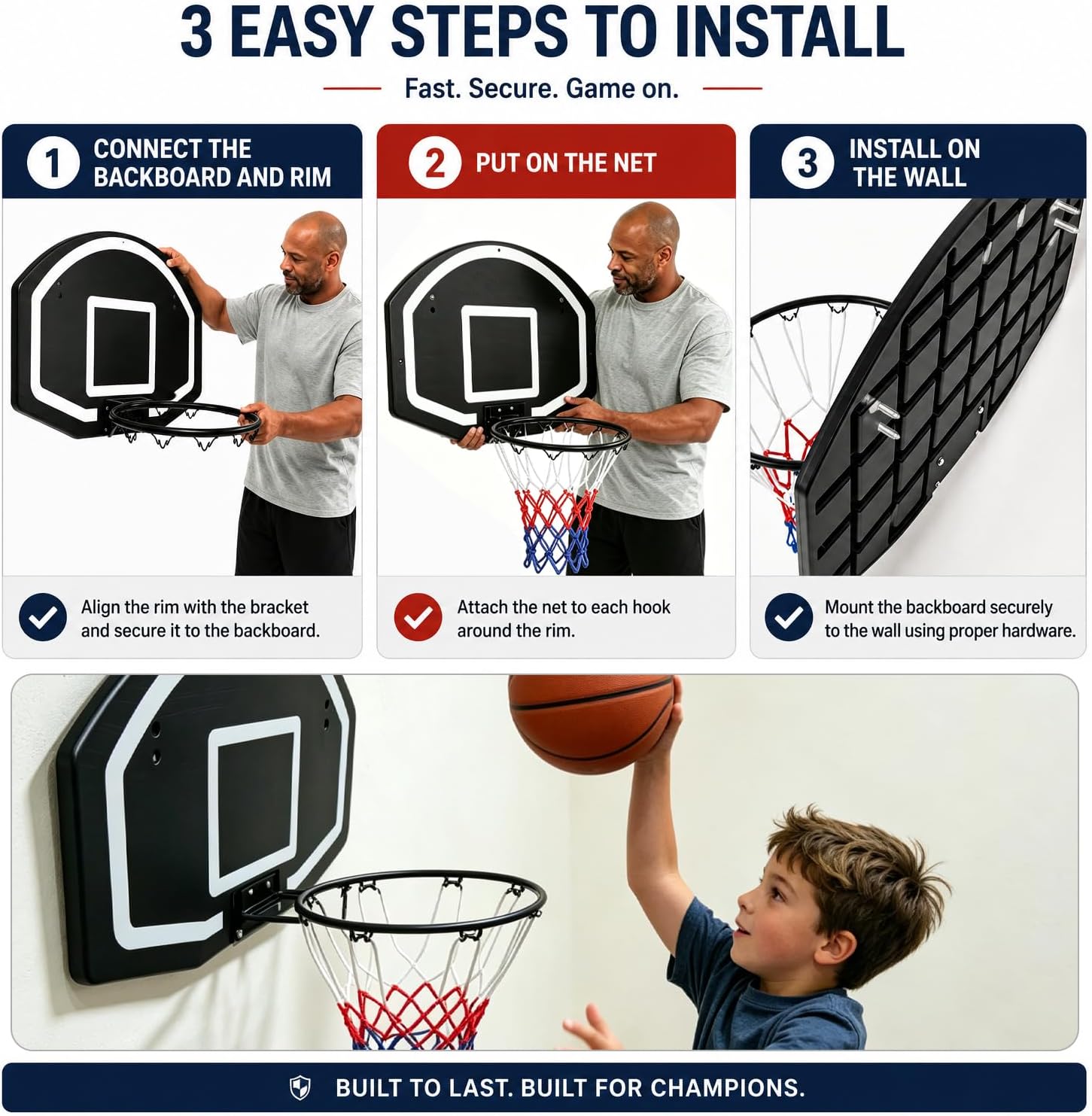 Wall Mounted Basketball Hoop Shatter-Proof Backboard 18" Standard Rim, Anti-Tear Net, Indoor Outdoor Basketball Games
