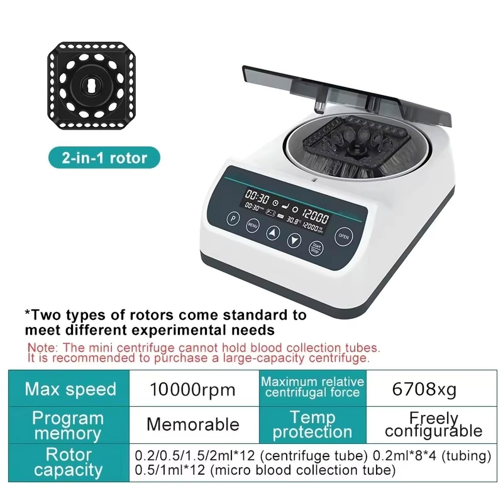 Microcentrífuga de laboratorio de 10000/12000 rpm, mini máquina digital con 2 rotores - Compatible con tubos de vidrio de 0,2/0,5/1,5/2 ml y 40 mm, máx. 6708 xg(10000RPM)