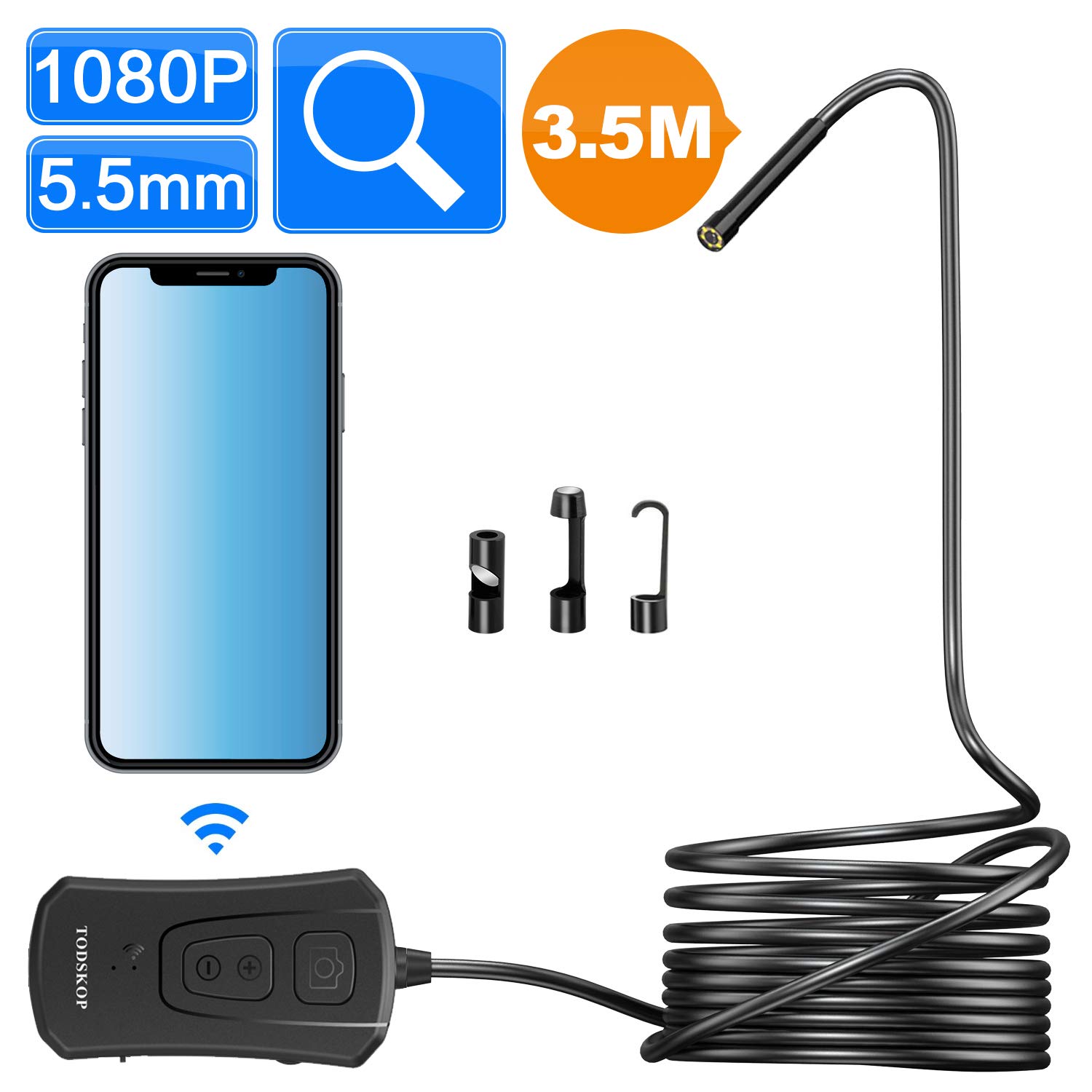 Lowest Price Wireless Endoscope Camera, TODSKOP 5.5mm WiFi Borescope 1080P Semi-Rigid IP67 Waterproof Inspection Camera, 2.0MP HD Snake Pipe Camera 1800mAh Battery for Android and iOS iPhone, Tablet (33FT)