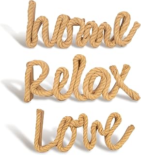 Xisakaca 3 Pack Rustic Farmhouse Relax Home Love Wooden Signs - Natural Rope Wall Art, Tabletop Shelf Decor for Living Room Office