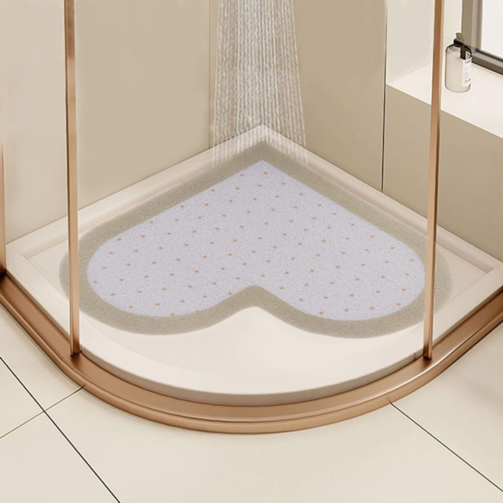 Tappetino Doccia Angolo Antiscivolo Antimuffa, 60x60 cm Tappetini Doccia a Forma di Cuore per Doccia Interno, Tappetini Bagno in PVC Asciugatura Rapida, Khaki + Bianco