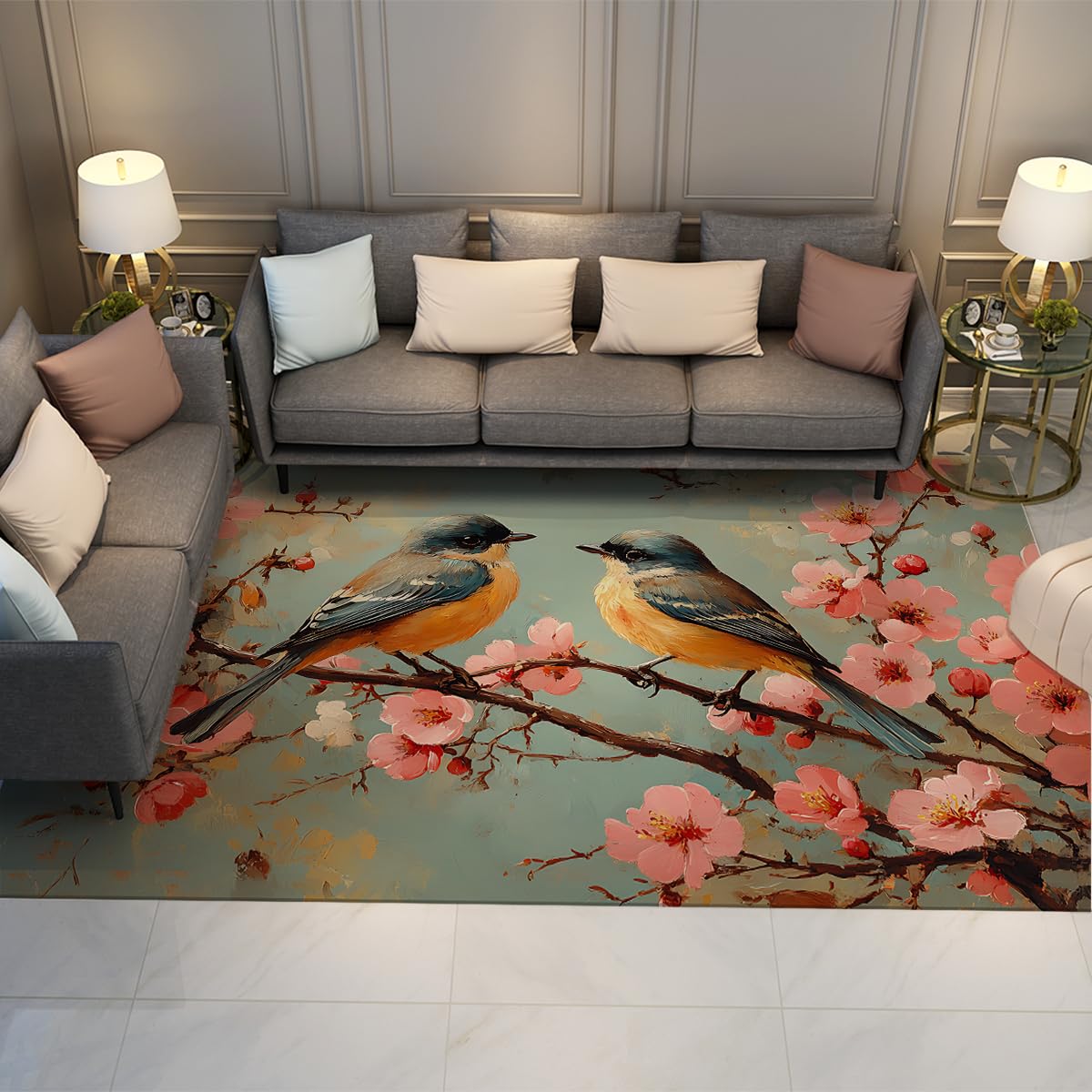 Tapis de salon style chinois en prunes roses et oiseaux floraux vintage bohème 100x150cm