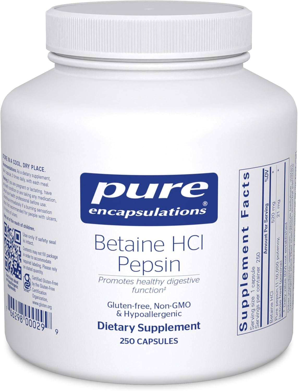 Pure Encapsulations Betaine HCl Pepsin – Digestive Enzymes Supplement for Digestion Aid & Support, Stomach Acid & Nutrient Absorption* – with Betaine HCl Pepsin – 250 Capsules