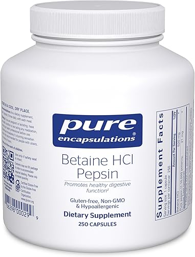 Pure Encapsulations Betaína HCl Pepsina Suplemento enzimático digestivo para ayuda digestiva y apoyo ácido estomacal y absorción de nutrientes 250
