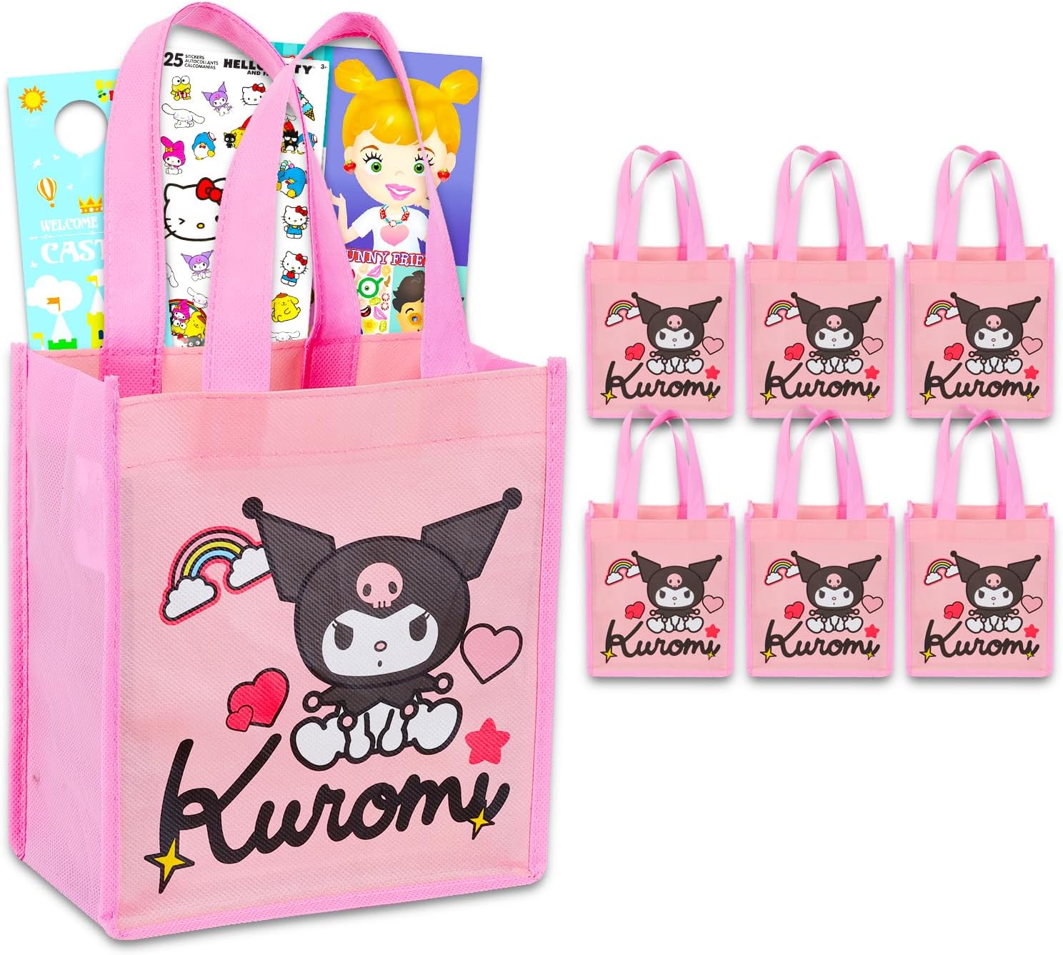 SANRIO Kuromi Party Favor Bags Set - Bundle with 6 Reusable Kuromi Goodie Bag Totes Plus Stickers, More | Kuromi Party Supplies for Girls
