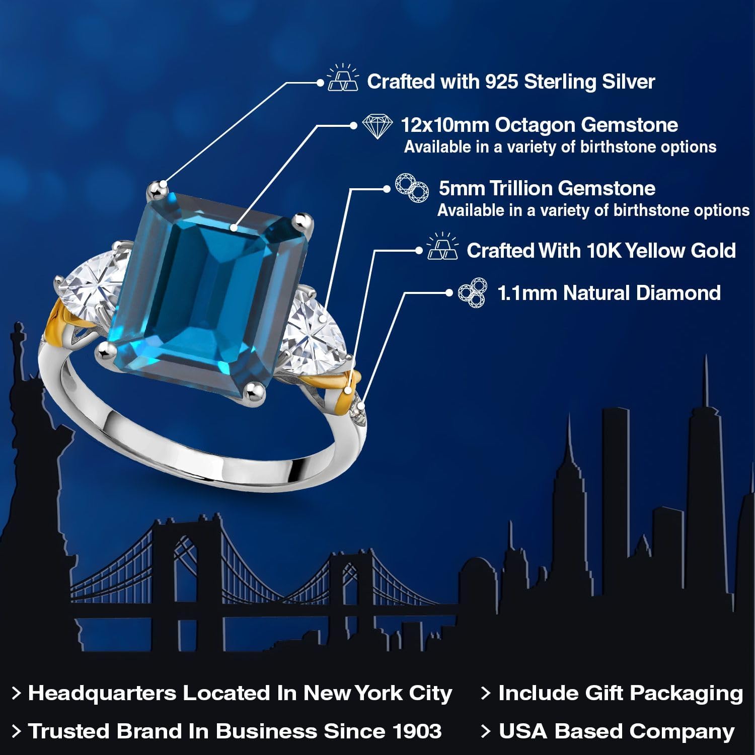 Gem Stone King 925 Silver and 10K Yellow Gold London Blue Topaz Moissanite and Diamond 3 Stone Ring For Women (8.46 Cttw, Gemstone November Birthstone, Emerald Cut 12X10MM)