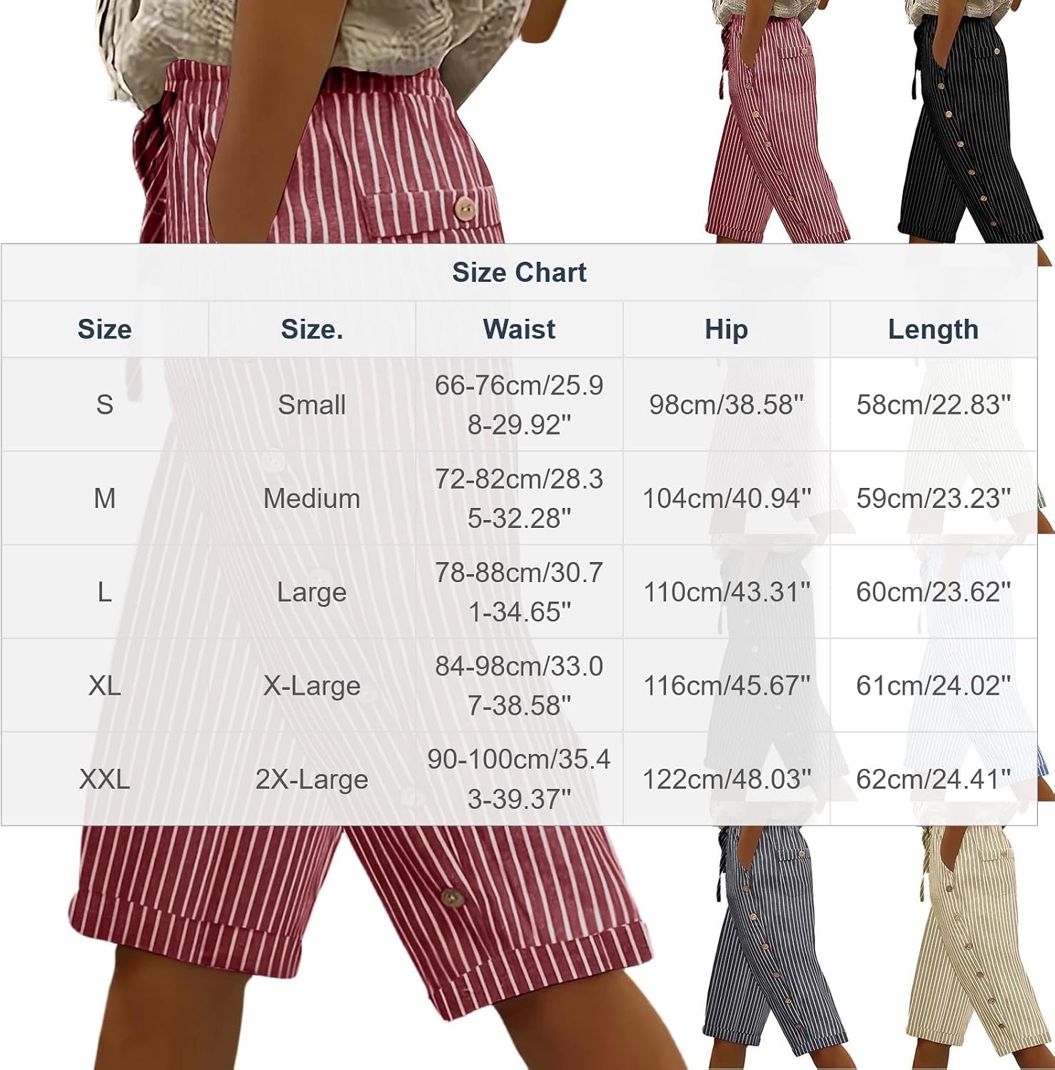 Striped Linen Pants for Women Capri Lightweight Wide Leg Button Long Short Comfy Summer Lounge Shorts with Pockets