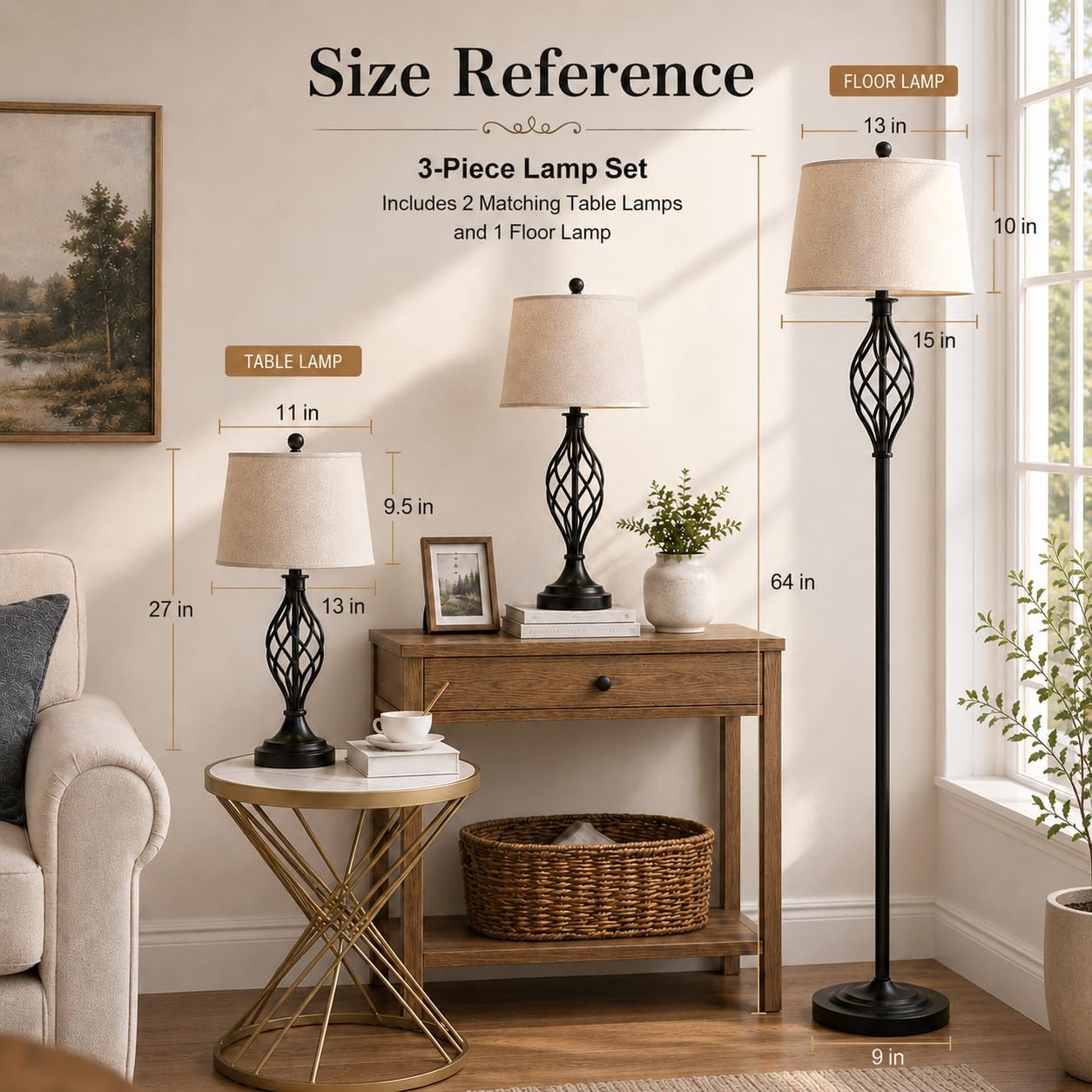 Maxax Lamp Set 3-Piece, Farmhouse 3 Pack Black Table Lamps and Floor Lamp, 3 Way Dimmable Lamps Set of 3 with Oatmeal Fabric Shade Black Base Decor for Living Room Bedroom Dining Room, ETL Listed