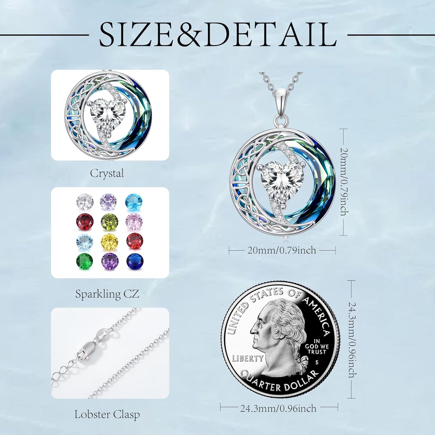 Valentines Day Gifts for Women, Birthstone Necklace for Women, Celtic Moon Pendant Blue Crystal Necklace Heart Jewelry Anniversary Jewelry Gift for Daughter Wife Mother Sister - Image 4