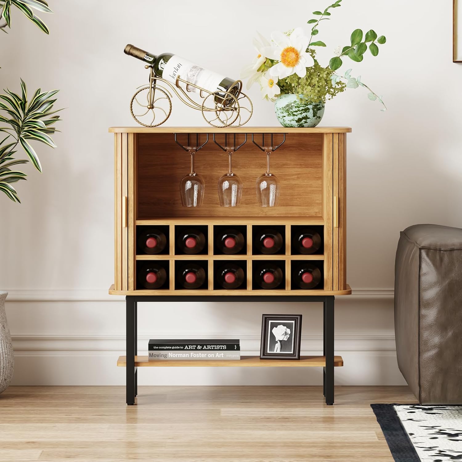 Wine Bar Storage Cabinet,Coffee Liquor Cabinet with Sliding Doors & Open Wine Rack,Fluted Wine Bar Cabinet with Glass Holder,Buffet Sideboard for Dining Room,Living Room & Entryway (Natural)