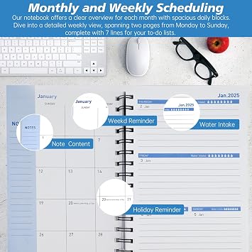 18 Month Year Diary, JAN2025-JUN2026 Weekly & Monthly Diary, A5 Spiral Bound Daily Agenda Planner, Hardcover To-Do List Journal, Productivity Week to View with 108 Stickers for Office (Black)