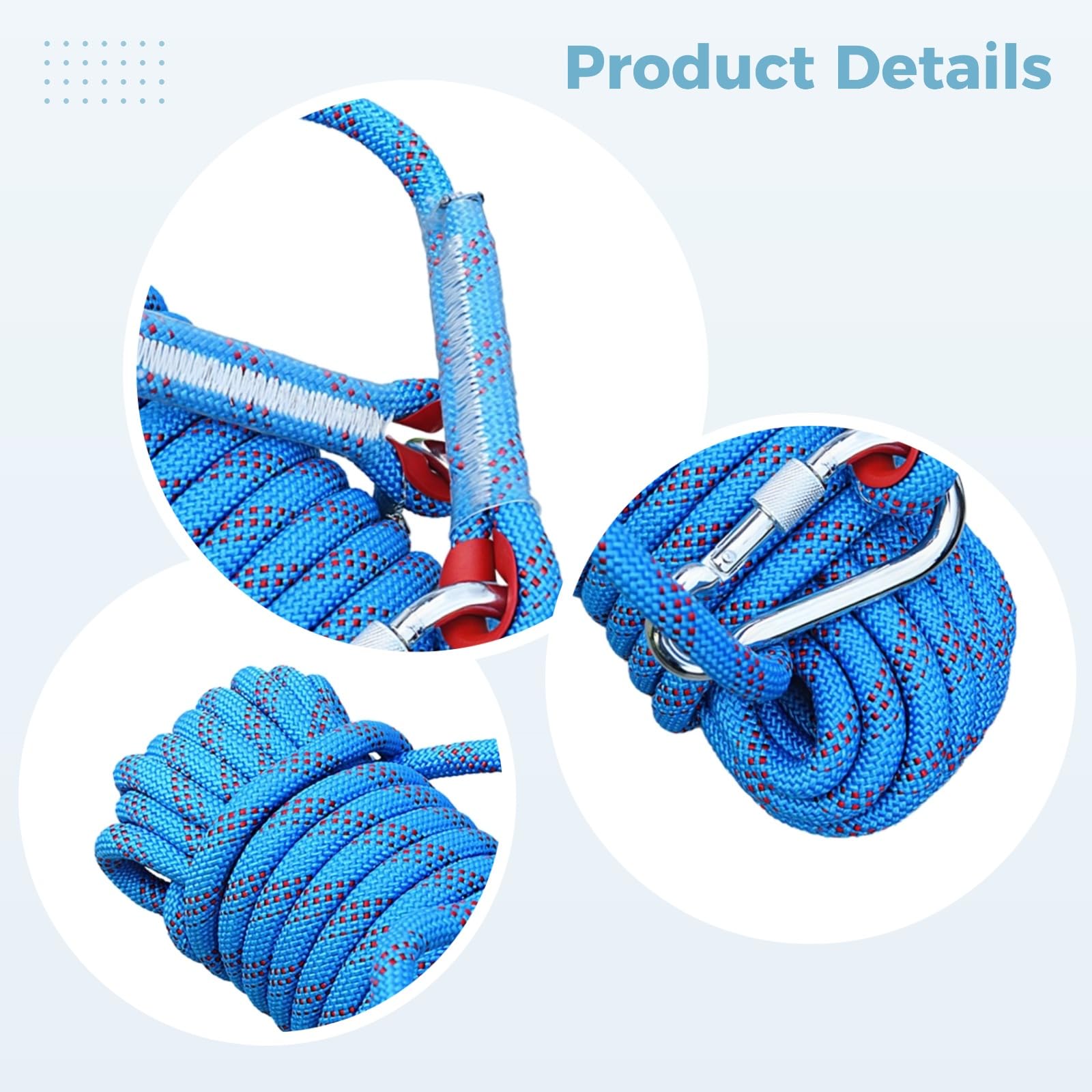 Corde d’escalade 32,8 ft / 10 mètres, charge de 1957,7 lbs / 888 kg, avec mousqueton à ressort et gants, polyester/polypropylène haute résistance, pour alpinisme, secours et escalade sur rocher