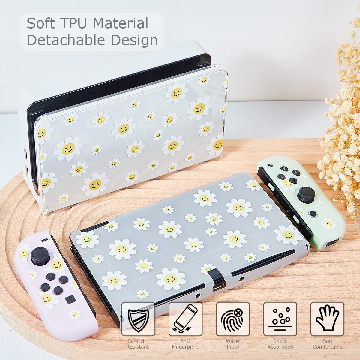 Protective Case for Switch OLED, Silicone Cover Shell Compatible with Nintendo Switch OLED Dockable Case Cozy Accessory Full Protection for Controller & Joy con-White Daisy Floral - Image 6