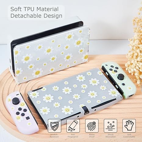 Protective Case for Switch OLED, Silicone Cover Shell Compatible with Nintendo Switch OLED Dockable Case Cozy Accessory Full Protection for Controller & Joy con-White Daisy Floral