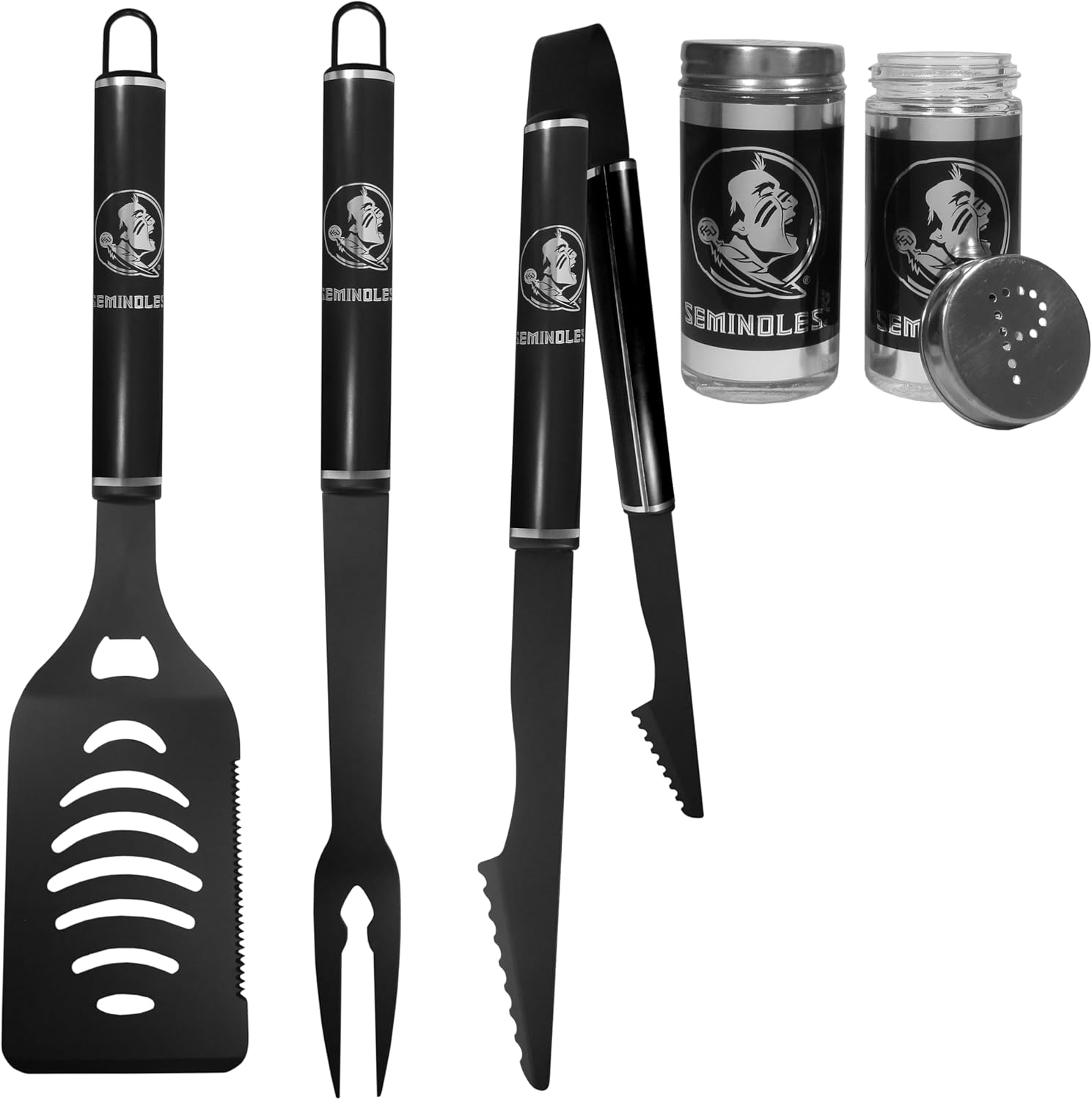 Siskiyou NCAA Florida State Seminoles 3pc Black BBQ Tools w/Shakers, One Size, Black