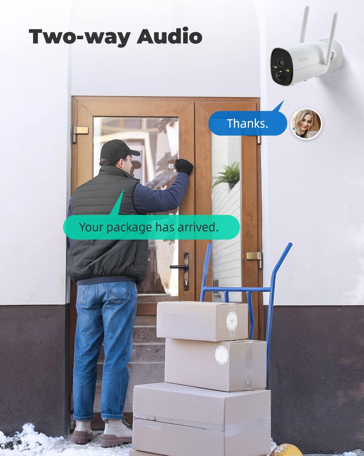 PIR motion detection in action, showing a person detected by the camera and an alarm message notification on a phone.
