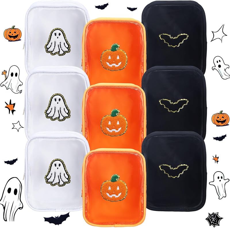 Sunnymove Kit com 9 necessaires de maquiagem transparentes com patches de abóbora, fantasma e morcego