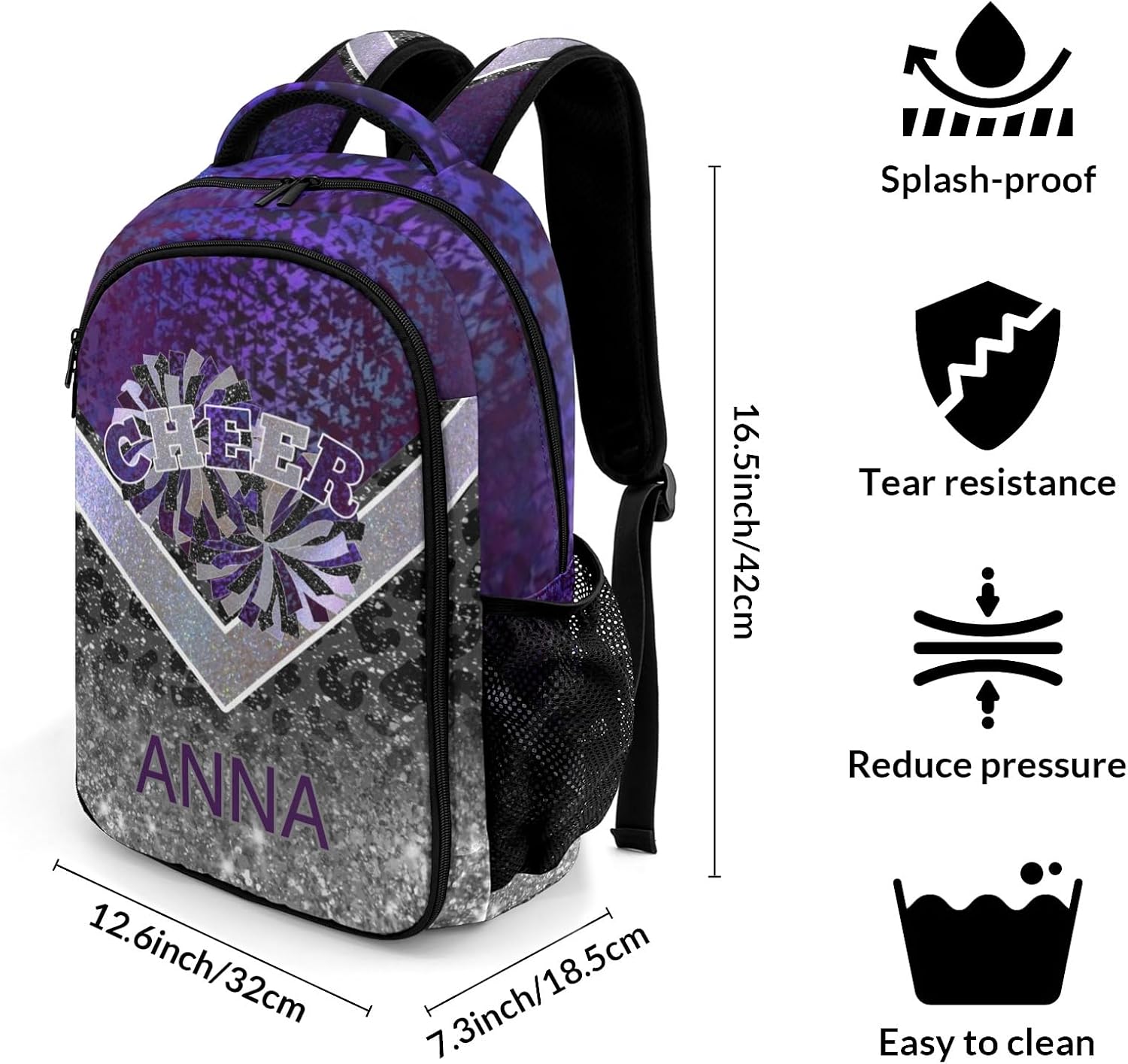 Cheer Cheerleader Waterproof Backpack Casual Daypack Shcoolbag Book Bag for Boys Girls Purple