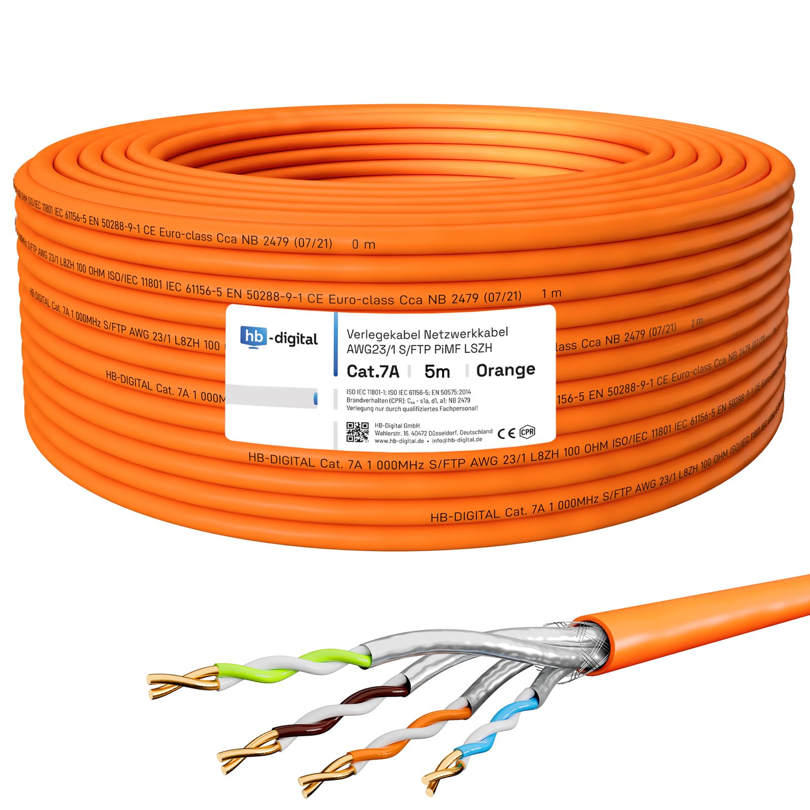 HB-DIGITAL 5m CAT.7a Netzwerkkabel LAN Kabel Verlegekabel AWG 23 Reines Kupfer S/FTP PiMF LSZH Halogenfrei RoHS-Compliant Ethernet Installationskabel Datenkabel PoE 10Gbit/s max. 1200MHz Orange