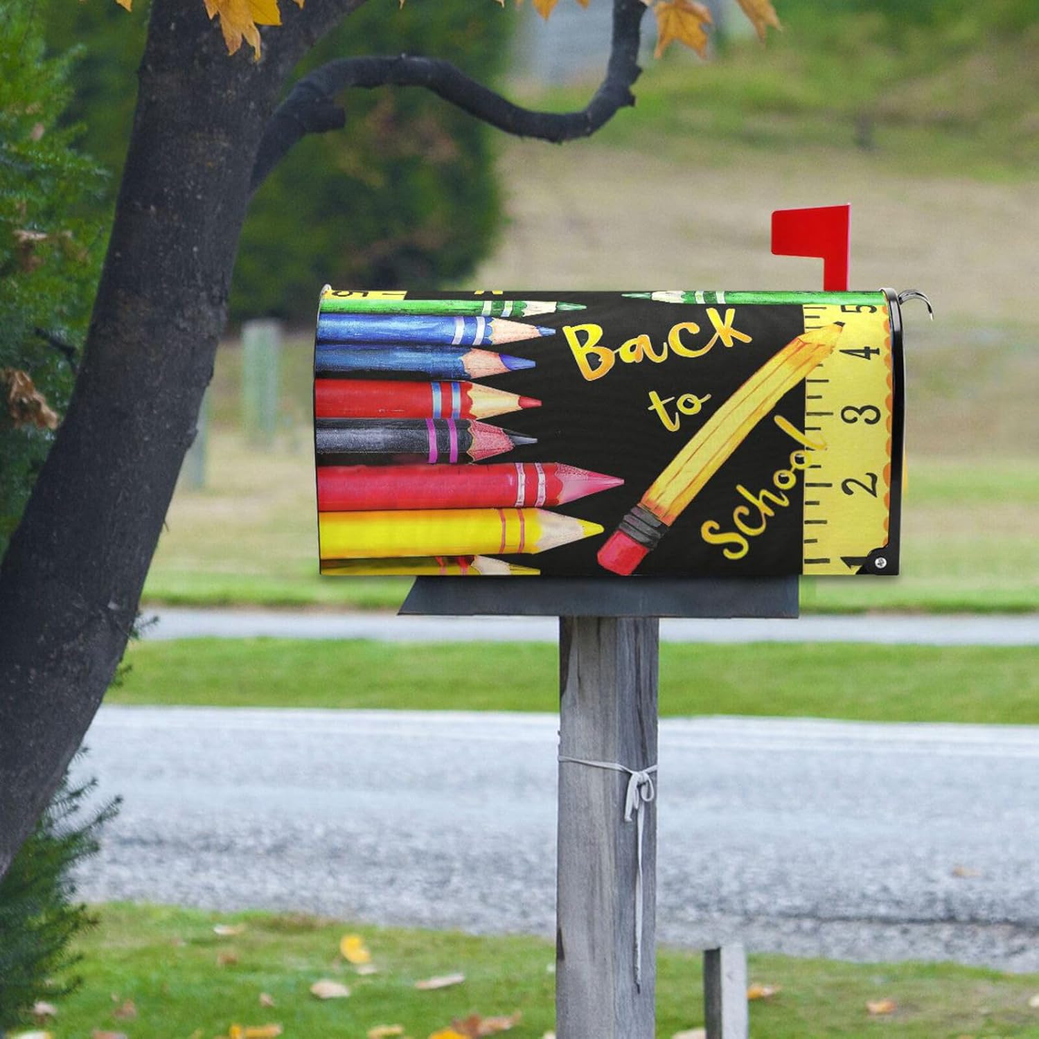 Pfrewn Autumn School Season Back to Mailbox Cover Magnetic Oversized, Colorful Crayon Pencil Ruler Letter Post Box Cover Wrap Decoration Welcome Home Garden Outdoor 25.5" Lx 21" W