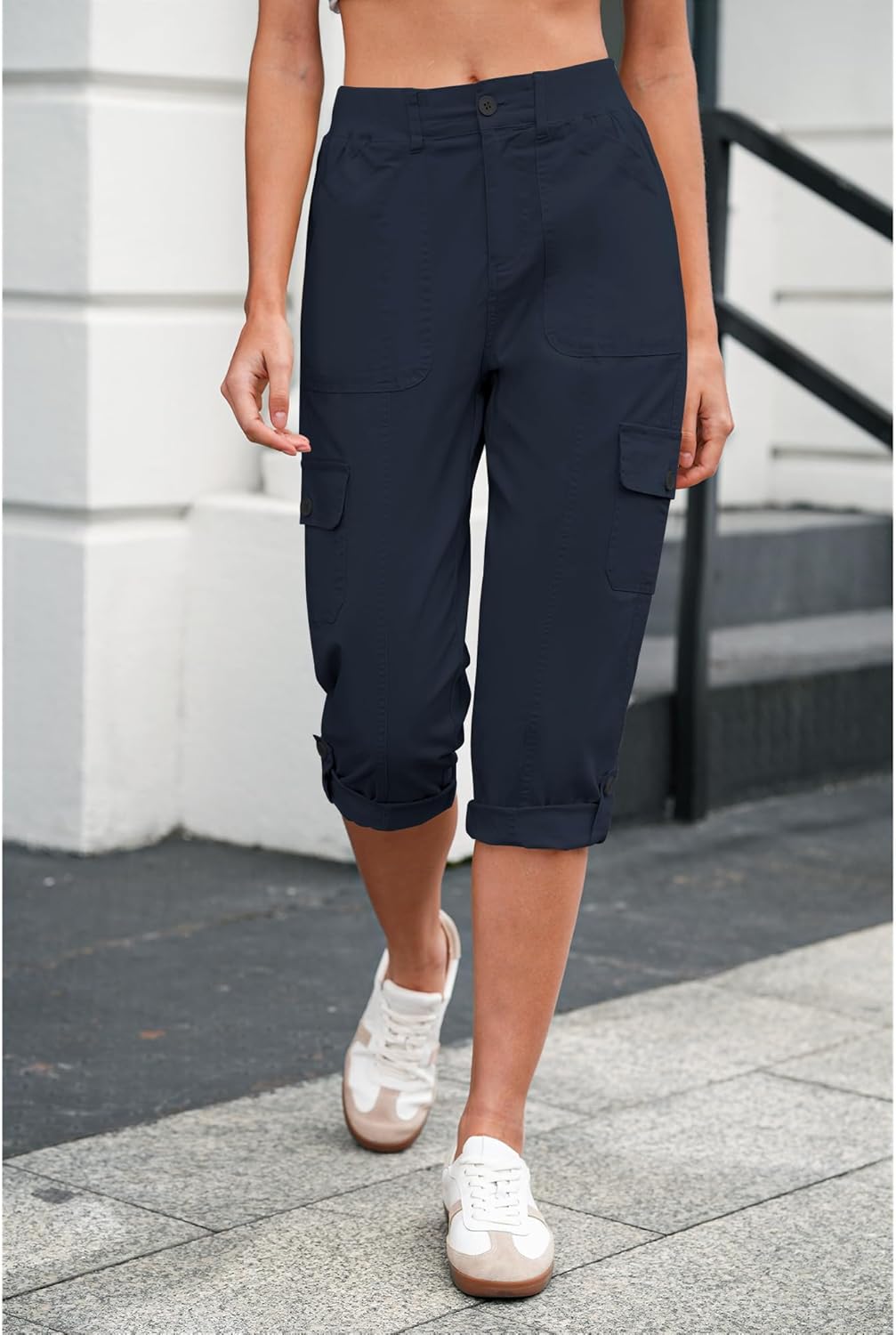 LookbookStore Capri Pants for Women High Waisted Cargo Casual Elastic Waist Rolled Hem Summer Capris Pants with Pockets - Image 5