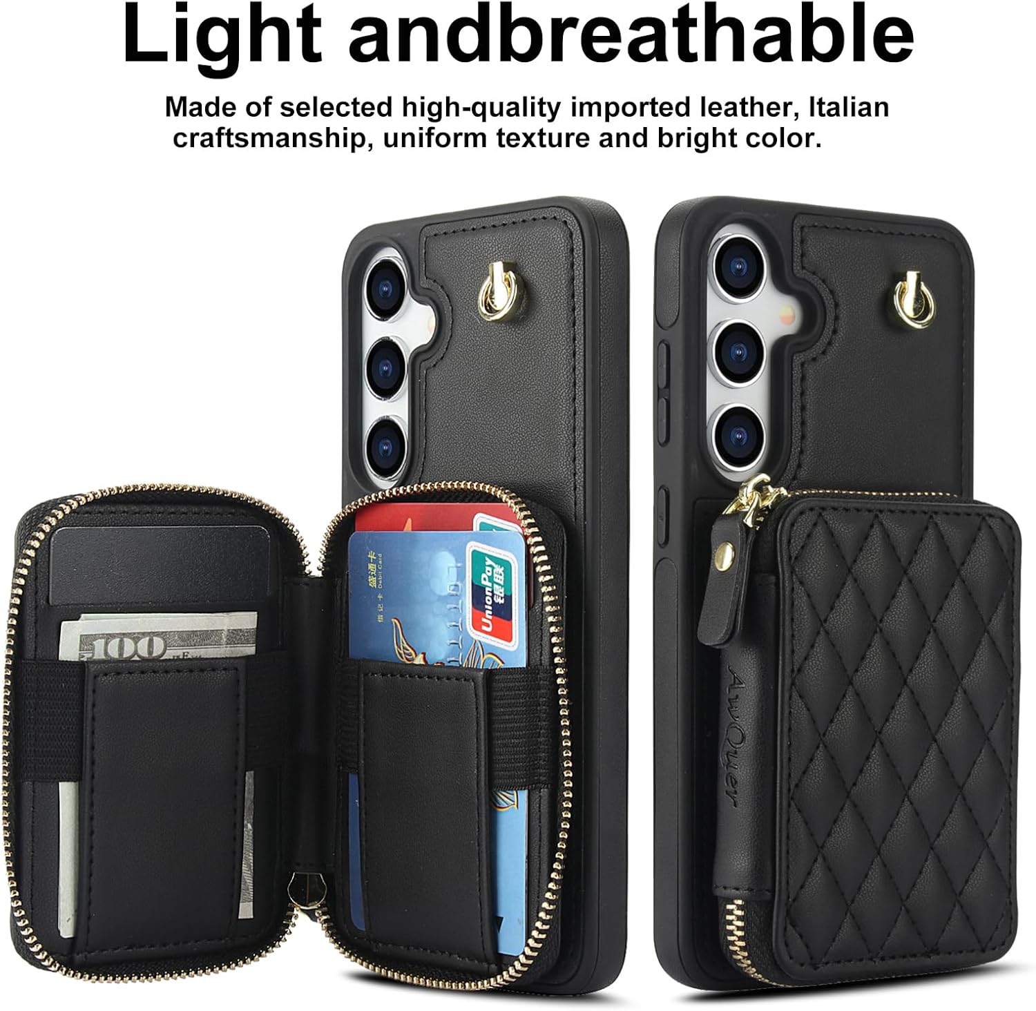 RFID Blocking Crossbody Zipper Wallet Leather Phone Case for Samsung Galaxy S25 Women (Black)