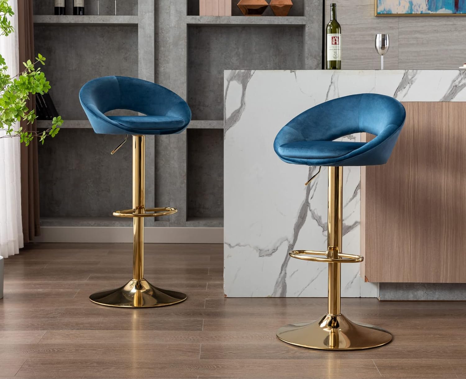 EALSON Counter Height Bar Stools Set of 2 Swivel Barstools with Low Back Modern Adjustable Bar Chairs with Gold Base Upholstered Velvet Comfortable Kitchen Island Stools, Navy Blue