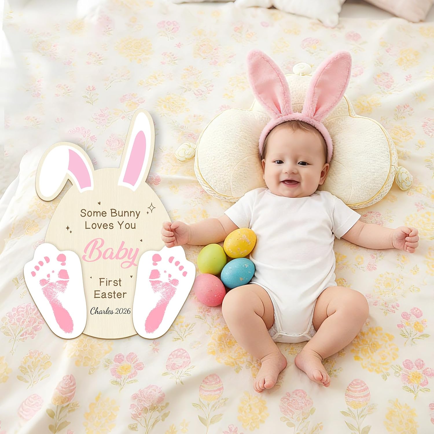 My First Easter Footprint Sign DIY Wooden Art Baby's First Easter Gift Idea Some Bunny Loves You Babies Keepsake Milestone Nursery Decor and Newborn Photoshoot Prop for Babies (Rabbit)