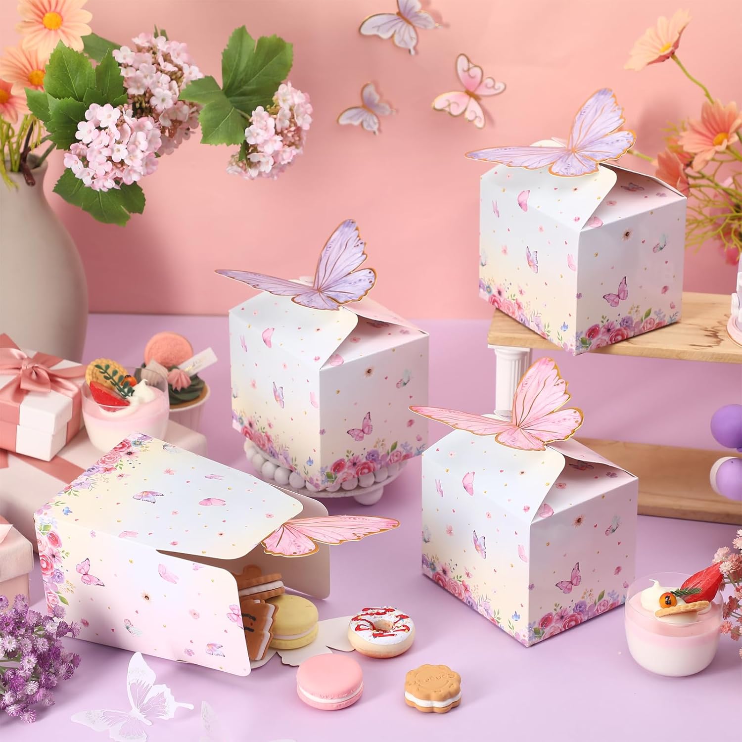 Qilery 48 Pcs Butterfly Party Favor Treat Boxes Pink and Purple Floral Goodie Gable Candy Box Gift Boxes Paper Butterfly Decorations for Birthday Party Supplies Chocolate Present Wedding Baby Shower