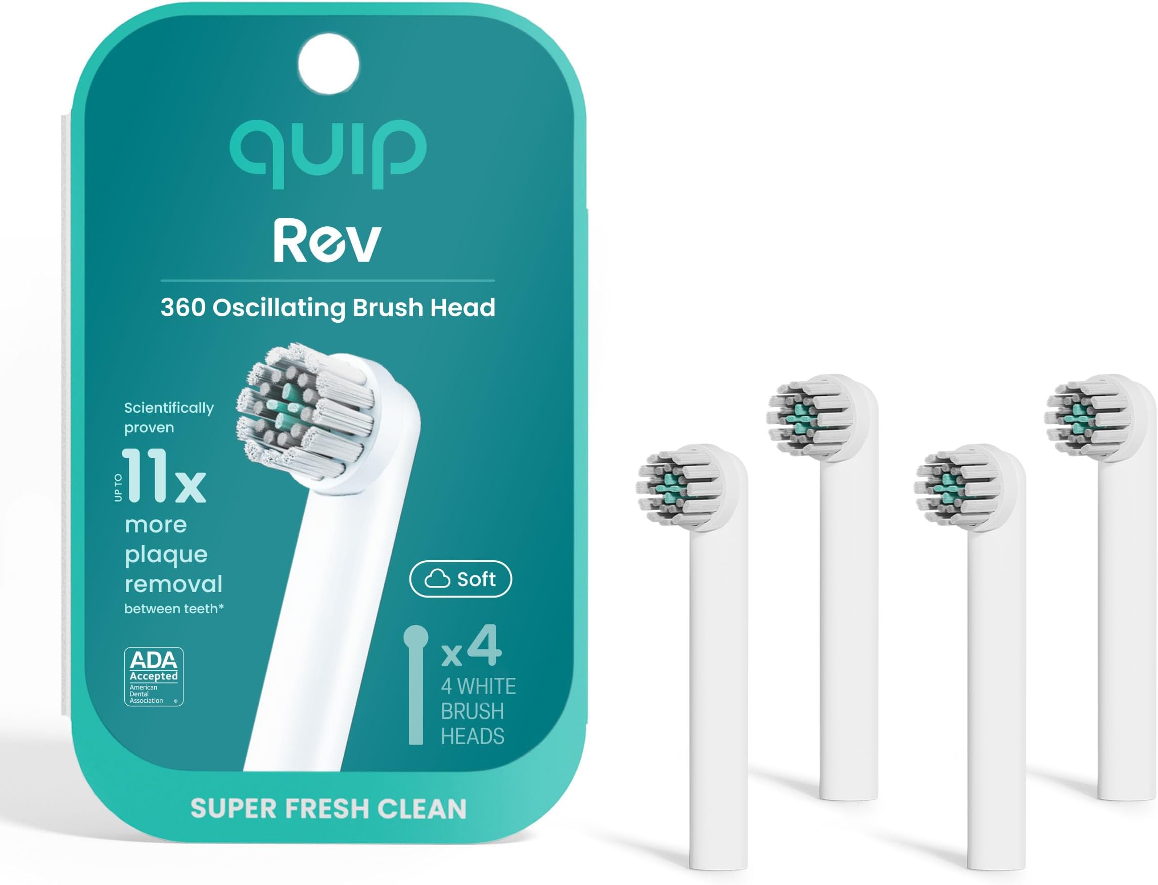quip Rev Oscillating Electric Toothbrush Heads - 4 Pack - Verified quip Brush Head Refills for Oscillating Toothbrushes - Soft Bristles, Dual-Length, Compact - Last 3 Months Each - White