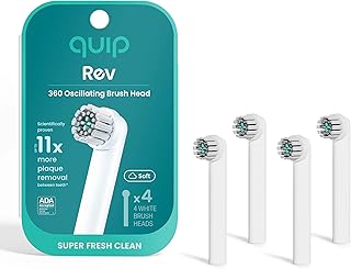 Rev 360 Oscillating Electric Toothbrush Heads - 4 Pack - Verified quip Brush Head Refills for Oscillating Toothbrushes - Soft Bristles, Dual-Length, Compact - Last 3 Months Each - White