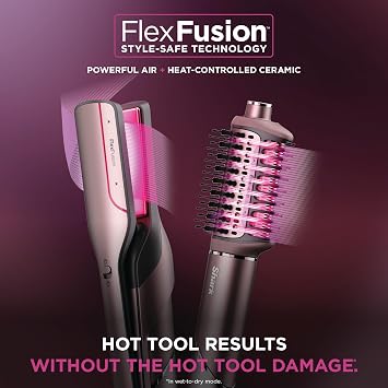 Shark FlexFusion Hair Straightener & Powerful Dryer with Diffuser, Fusion Hair Brush, Ceramic Air Styler with Auto-Wrap Curlers, Ceramic Plates, Cosmic Blush HD642S