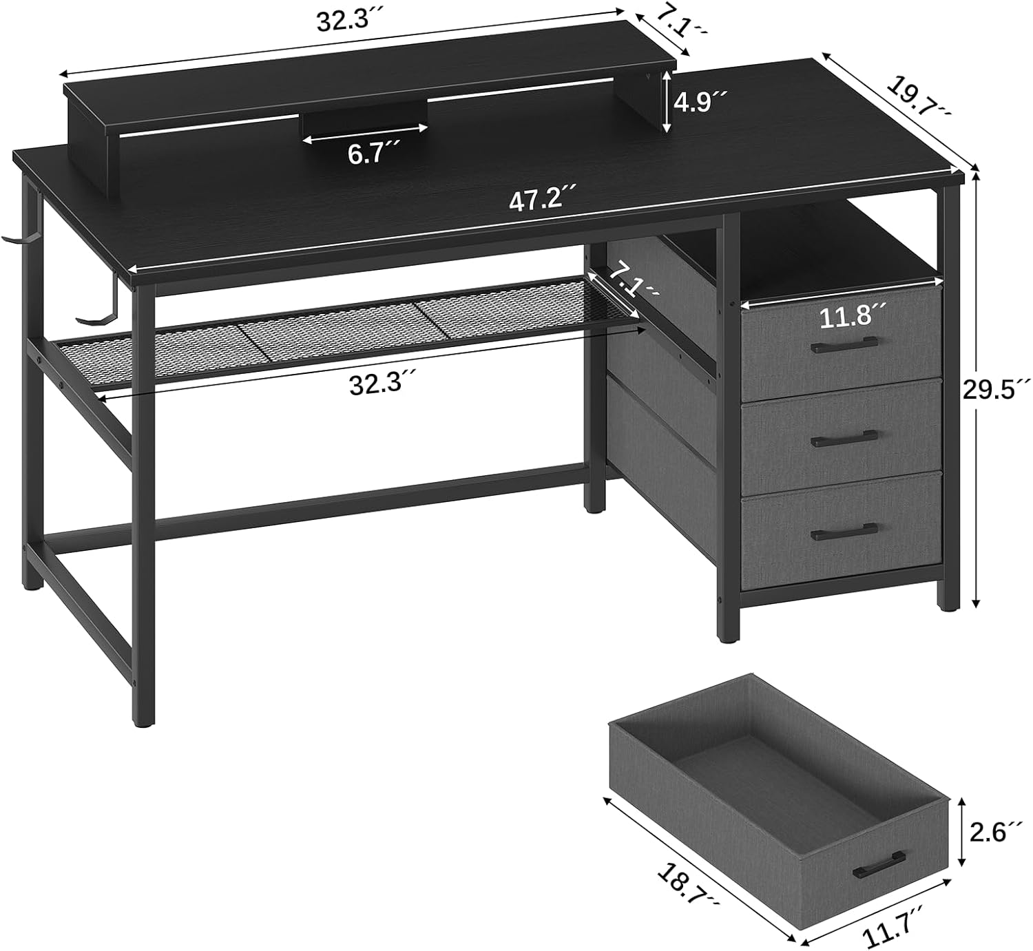 Diagram showing the dimensions of the YOMILUVE Computer Desk, including the main desktop, monitor stand, and drawer unit.