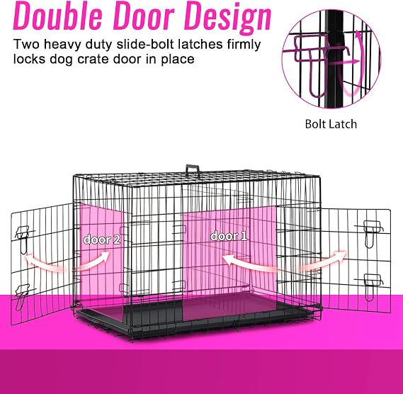 FDW | 48 Foldable Metal Dog Crate | Black | Cage for XL Dogs | Heavy Duty, Portable Wire Kennel with Double Door, Divider & Leak-Proof Tray | For Training, Home, Travel Indoor/Outdoor Use