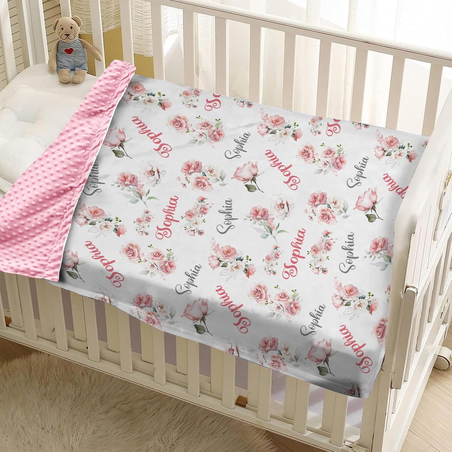 Personalized Baby Blankets with Name – Custom Pink Floral Pattern Baby Girl Blanket – Soft Minky Dot Blanket for Crib, Nursery, Stroller – Custom Baby Gift for Girls