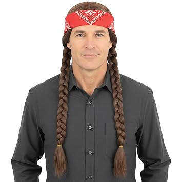 Long Brown Braided Wig with Bandana for Mens 60s Hippie Costume Halloween Party Brown