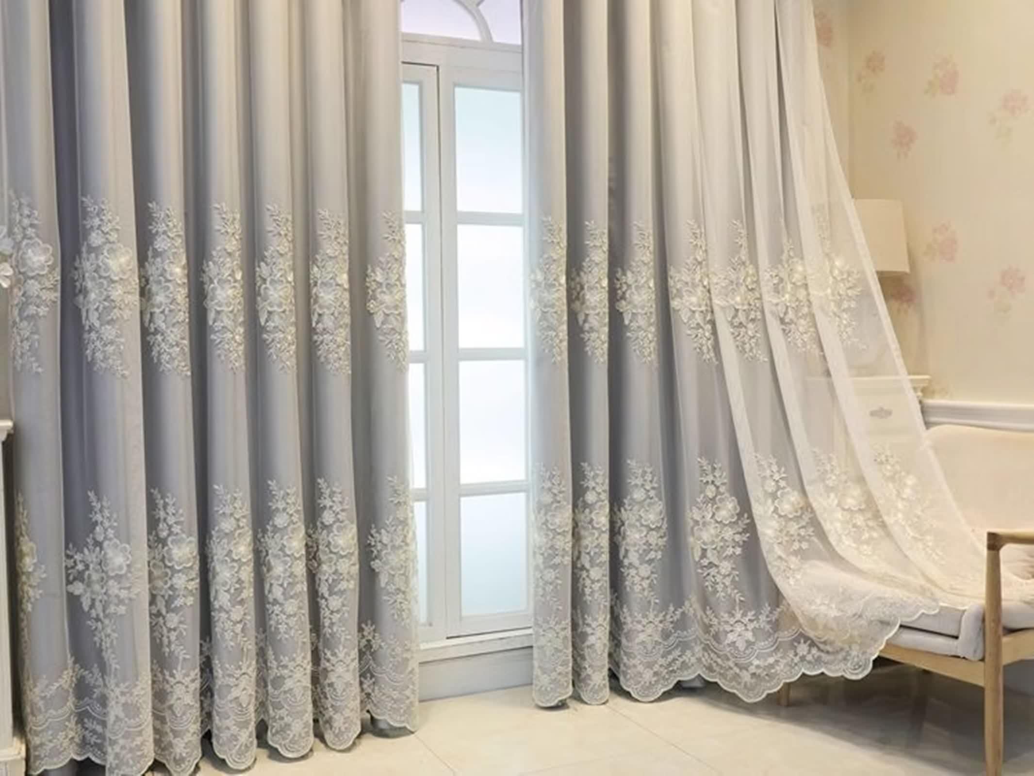Rideau Chambre Gris, Occultant Rideau Salon Moderne Polyester Coton Broderie en Dentelle Double Couche Lot de 2 LxH 102x244cm