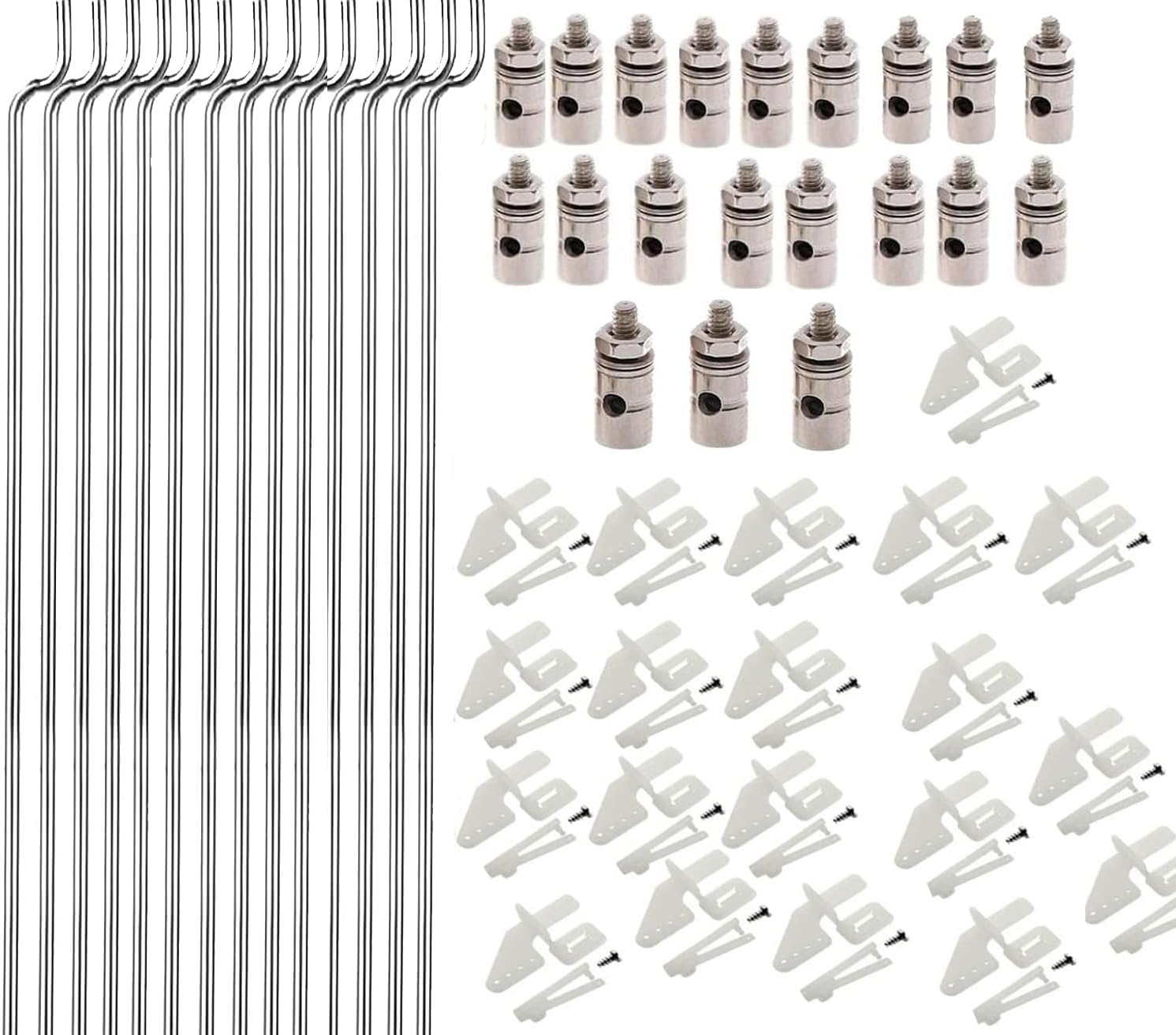 20Pcs Adjustable Pushrod Connector Linkage Stopper 1.3mm + 20Pcs Nylon Control Horns 21x10 mm + 20Pcs 304 Stainless Steel 1.2x210mm Z Push Rods Parts, Compatible for RC Airplane Plane