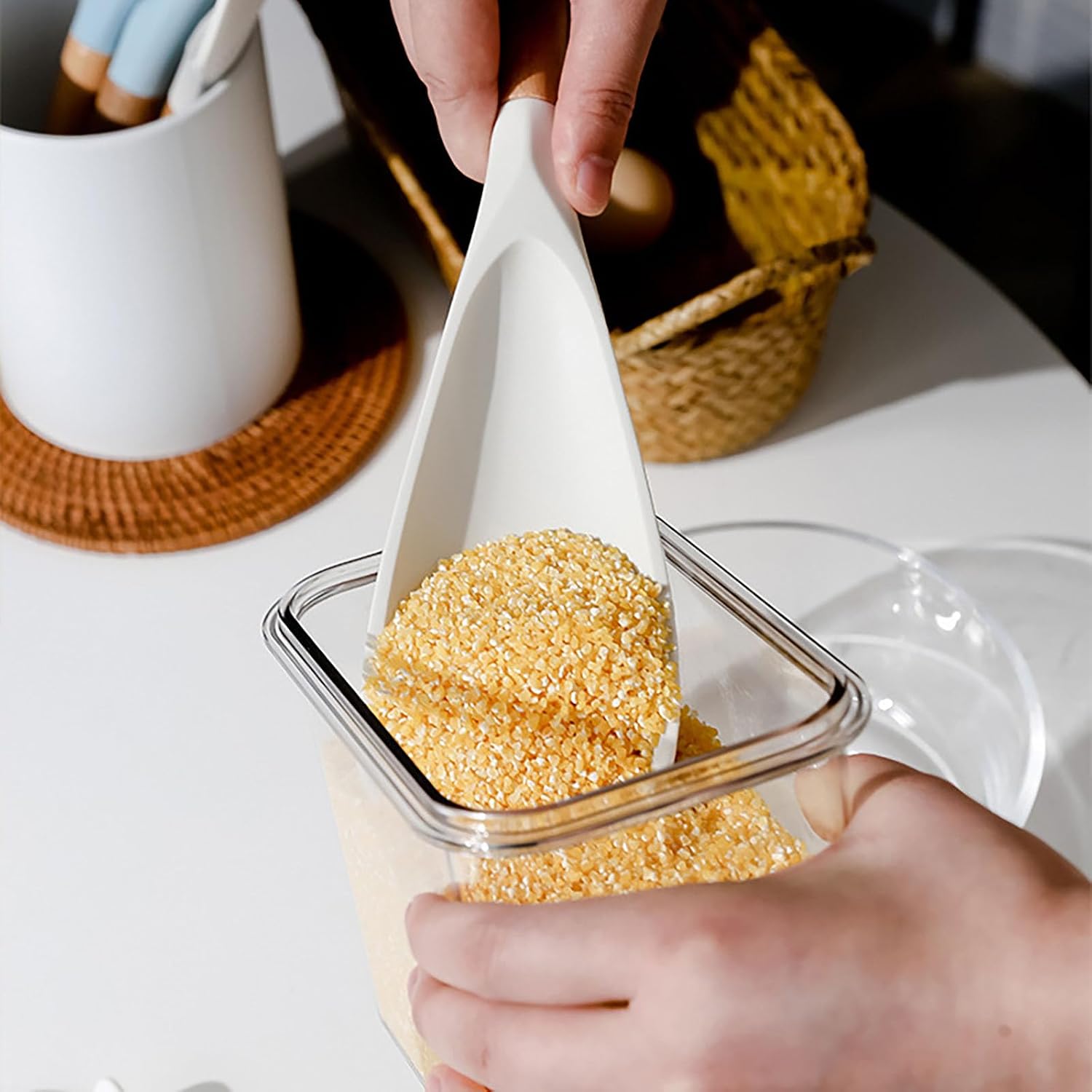 2 Pcs Silicone Cooking Spoons for Nonstick Cookware - Wooden Handle Rice Scooper & Serving Spoon, BPA-Free Matte Silicone - Great for Mixing, Scraping, and Stirring (White-2-Pcs)