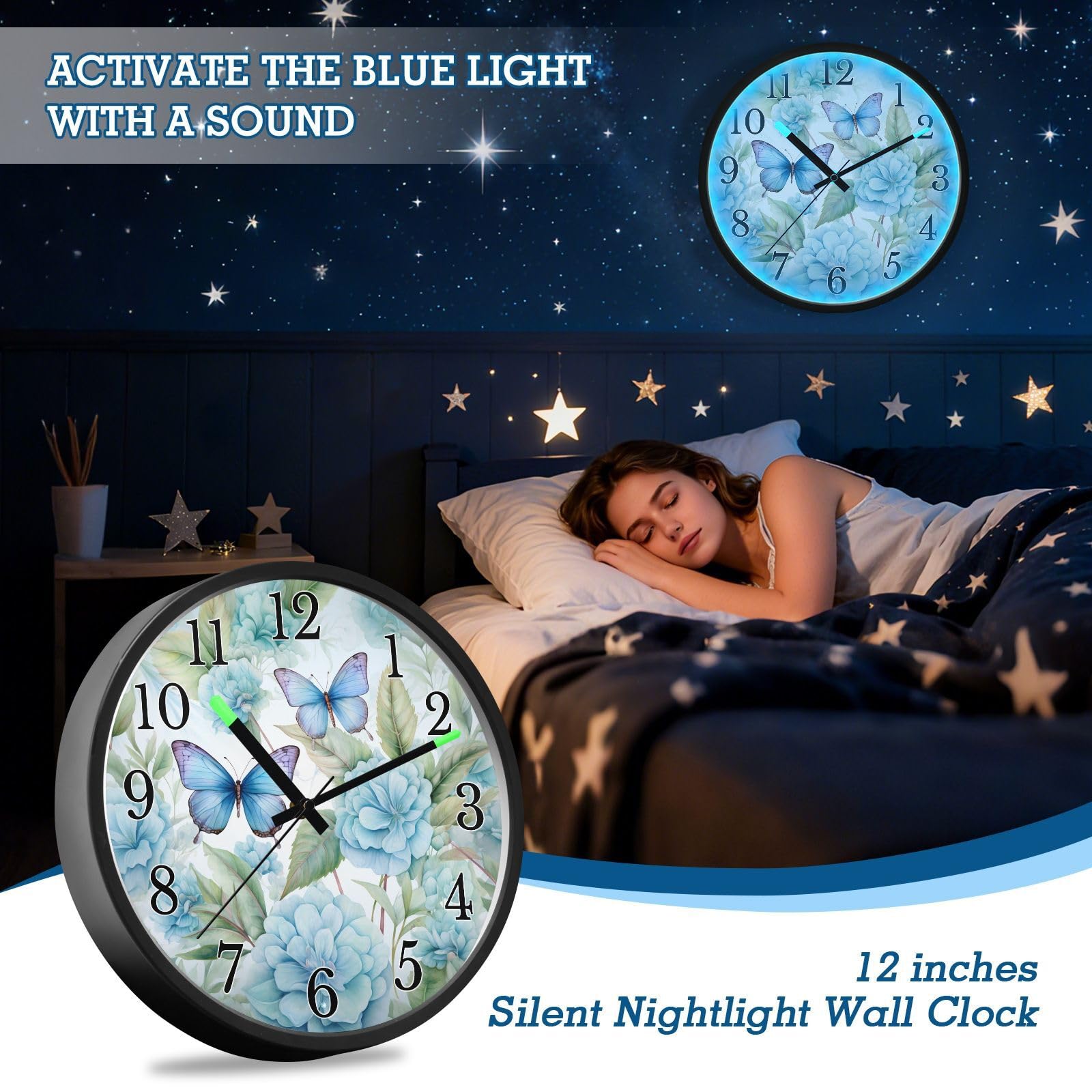Mnsruu Reloj de pared luminoso con diseño de flores y mariposas, color azul, funciona con pilas, silencioso, brilla en la oscuridad, para sala de estar, cocina, 12 pulgadas