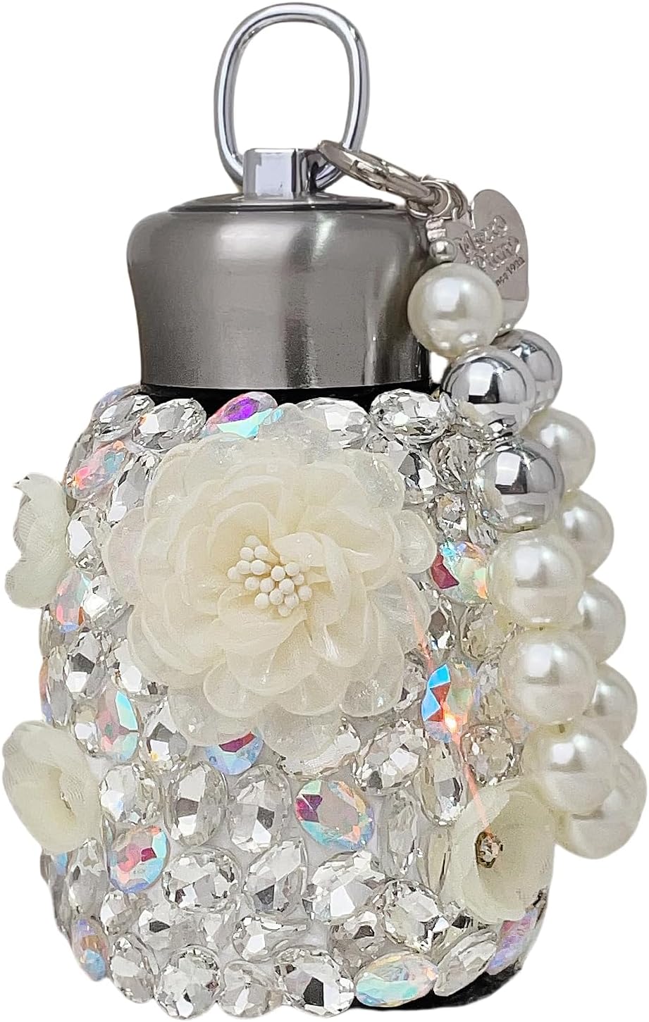 Bling Insulated Water Bottle Double Wall 10oz Stainless Steel Vacuum Flask with Glitter Rhinestones and Cute Flowers, Keep Cold Water Bottle with Pearls Bracelet Handle,White