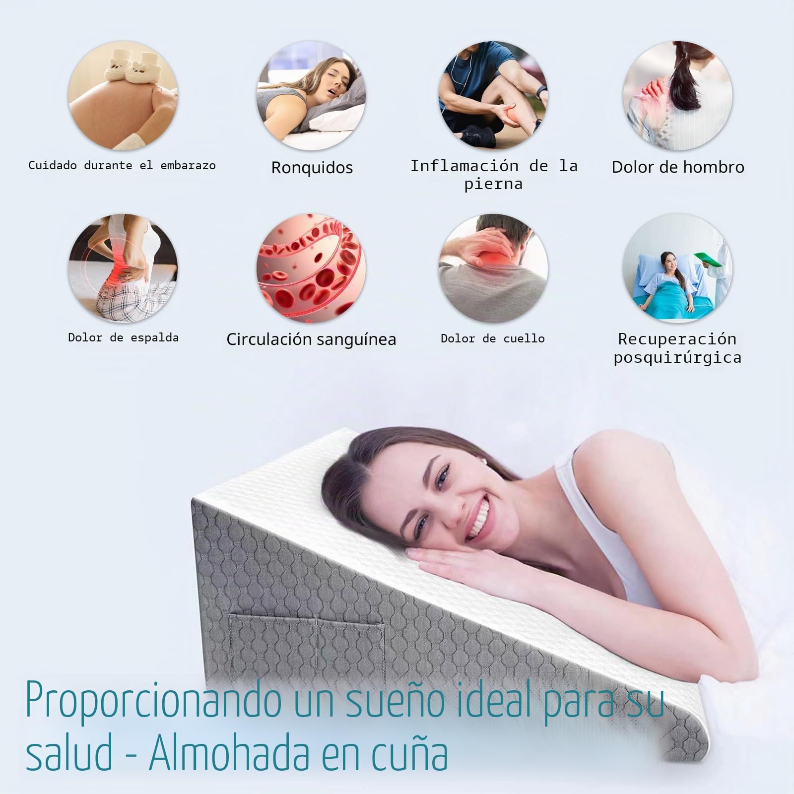 Almohada de Cuña Ortopédica 50×50×26cm – Cojín Memory Foam Antirreflujo para Adultos y Bebés, Apnea del Sueño, Ronquidos, Lectura y Recuperación Postoperatoria – Incluye Antifaz 3D