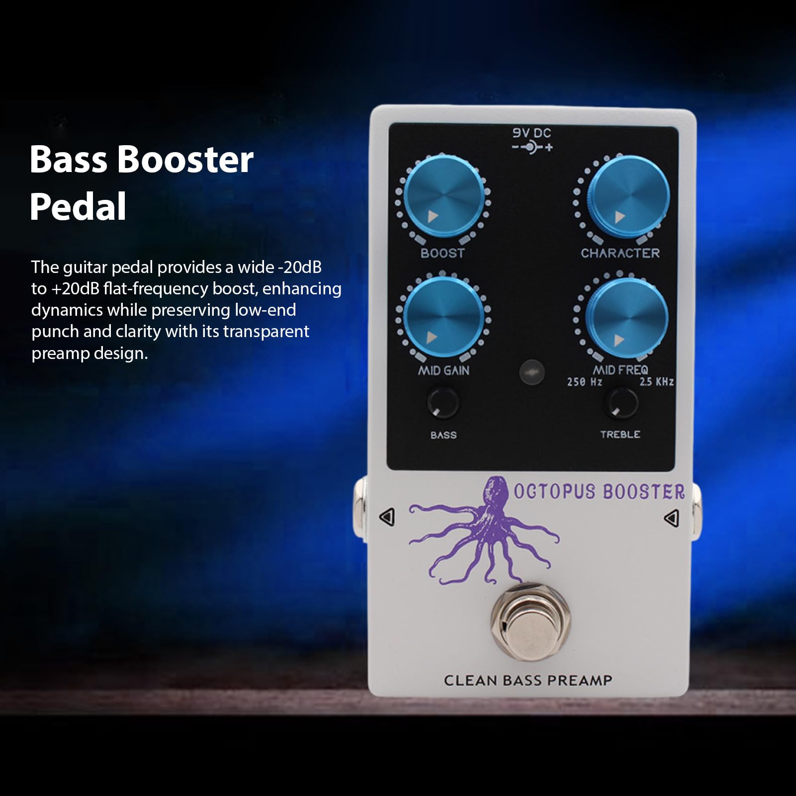 Pedał Bass Booster, 3-pasmowy Korektor Efektów Przedwzmacniacza z Regulowanym Wzmocnieniem środkowym i 20dB Clean Gain dla Elektrycznej Gitary Basowej