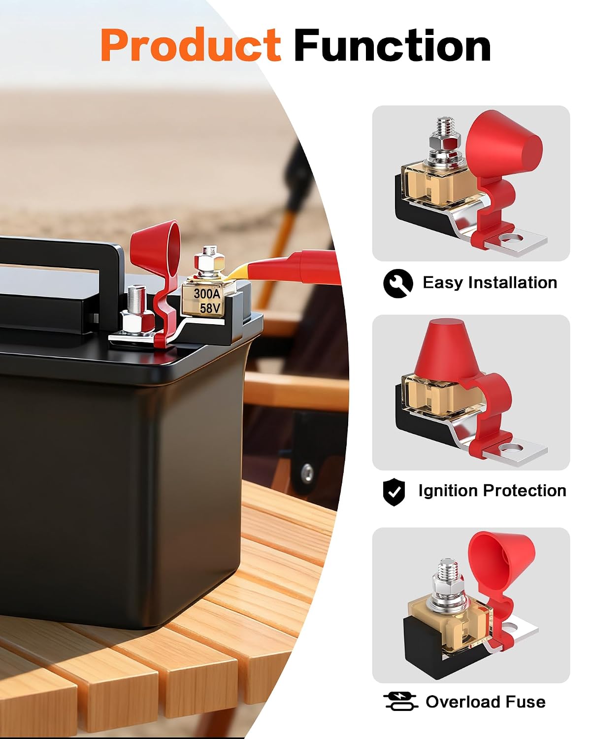 IZTOSS MRBF Terminal Fuse Block 300A 58V DC Max Marine Rated Battery Fuse Kit Waterproof Cap and 5/16 "(M8) Single Stud for Boat Truck RV Construction Vehicles
